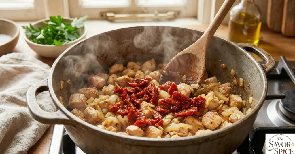 Adding sun-dried tomatoes to sautéed chicken for Marry Me Chicken Pasta recipe.