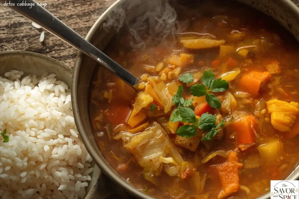 detox cabbage soup served with rice.