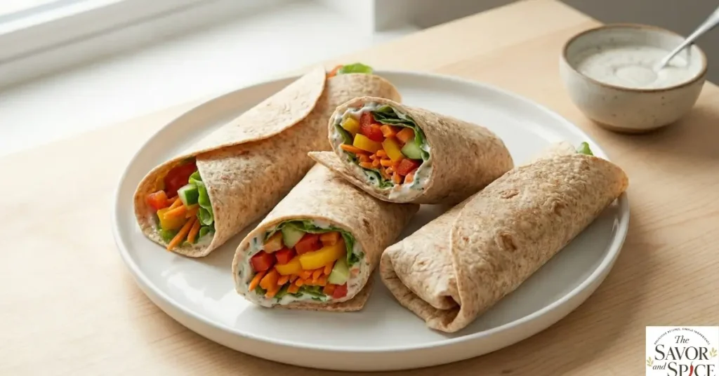 Plate with 4 fully assembled easy veggie dinner wraps without oven, one cut in half to show colorful bell peppers, carrots, cucumber, lettuce, and cherry tomatoes inside, served with creamy sauce on the side.
