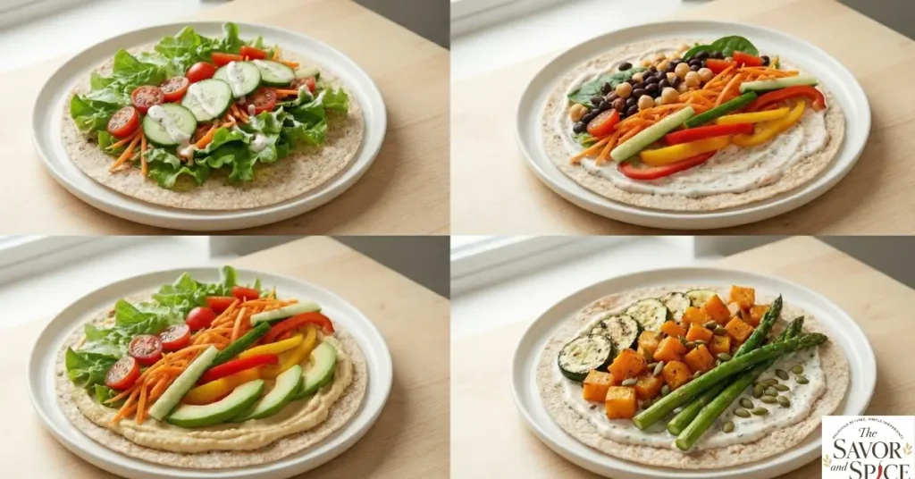 Collage of 4 healthy veggie wrap variations: low-calorie option, high-protein vegetarian wrap, dairy-free/vegan version, and seasonal veggie swaps, showcasing colorful and nutritious easy veggie dinner wraps without oven.