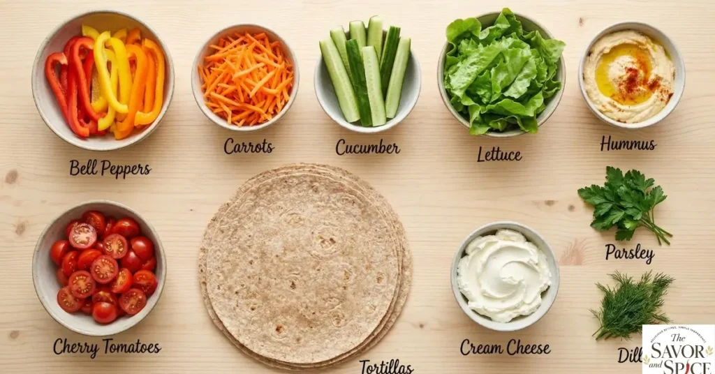 Top-down view of fresh ingredients for a healthy veggie dinner recipe: sliced bell peppers, carrots, cucumber, cherry tomatoes, leafy greens, tortillas, and hummus for easy veggie dinner wraps without oven.