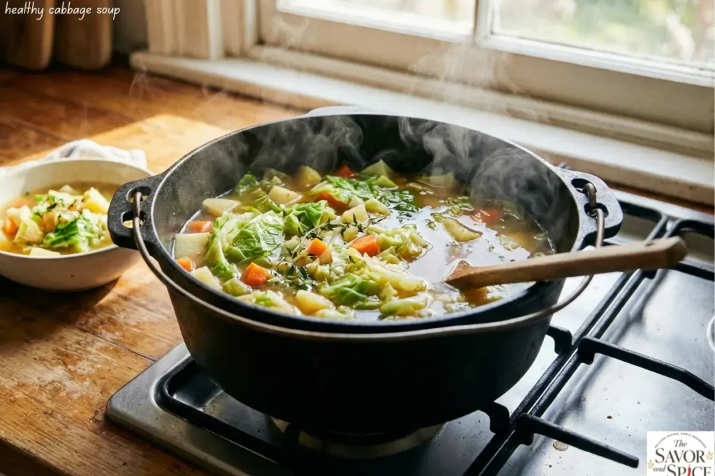Cabbage soup simmering in a pot, healthy and ready to serve.