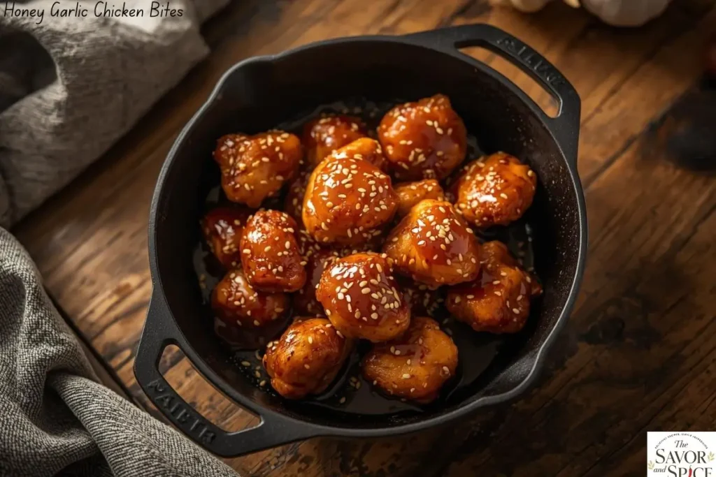 Home-cooked honey garlic chicken bites are golden and crispy in a skillet, a quick chicken recipe under 30 minutes
