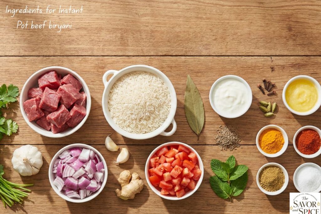 Top-down view of all ingredients for Instant Pot beef biryani on a wooden table, including raw beef chunks, basmati rice, chopped onions, garlic, ginger, tomatoes, cilantro, mint, yogurt, ghee, bay leaf, cloves, cardamom, cumin seeds, turmeric, chili powder, coriander powder, and salt, neatly arranged for cooking.