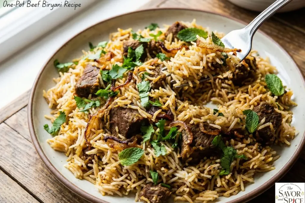 Fluffy Instant Pot beef biryani being fluffed with a fork, garnished with fresh cilantro and mint.