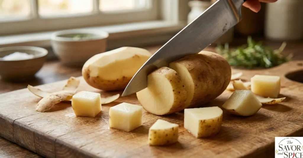preparing potatoes for Budget friendly Potato Egg Curry.