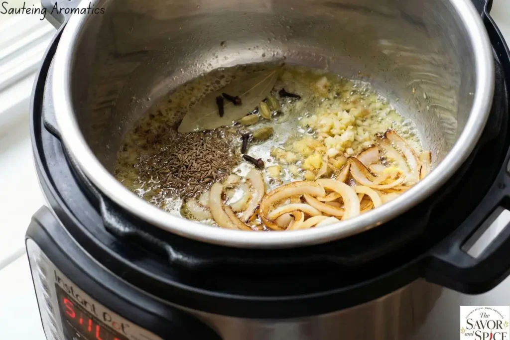 Instant Pot on sauté mode with ghee, cumin seeds, bay leaf, cloves, cardamom, and golden sautéed onions, garlic, and ginger.