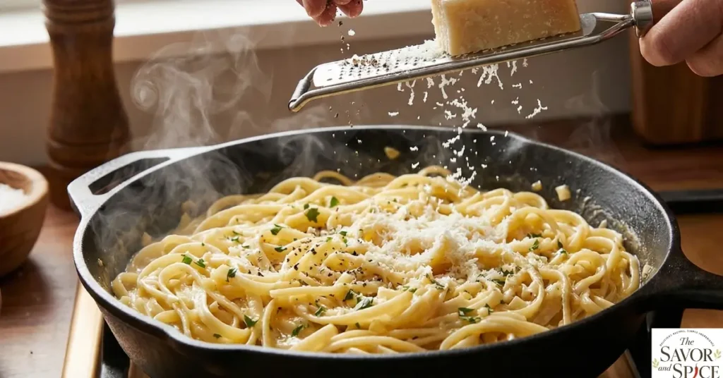 Sprinkling Parmesan cheese and seasoning over garlic butter noodles.
