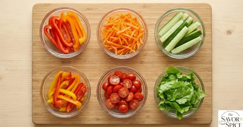 Preparing fresh vegetables including bell peppers, carrots, cucumber, and cherry tomatoes on a cutting board for a healthy veggie dinner wrap without oven.