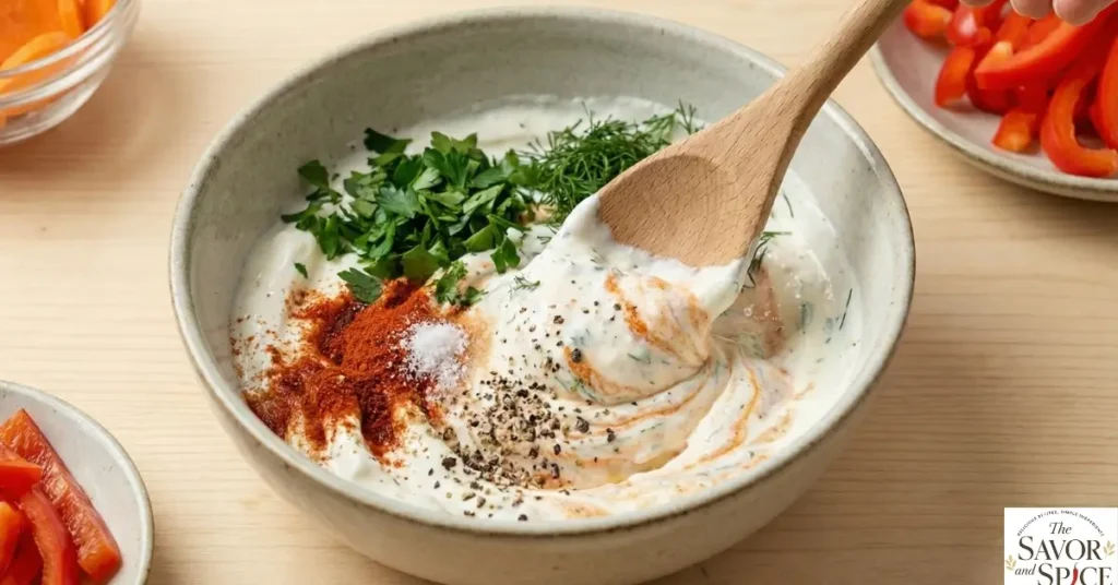 Mixing creamy hummus and yogurt with herbs in a bowl to make a quick wrap filling for easy veggie dinner wraps without oven, ready for healthy weeknight dinner.