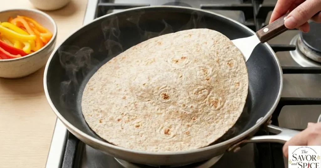 Tortilla wrap being warmed in a non-stick skillet for easy veggie dinner wraps without oven, showing golden, soft texture ready to assemble with fresh vegetables.