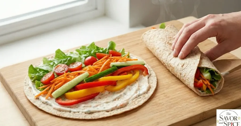 Two tortillas for easy veggie dinner wraps without oven: one with colorful vegetables and creamy filling spread evenly, and another being rolled to show assembly, ready for a healthy dinner.
