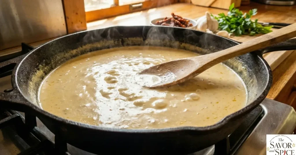 Creamy sauce cooking in a pan for Marry Me Chicken Pasta.
