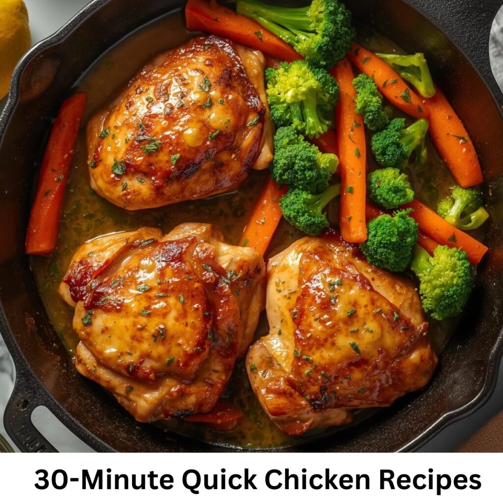 Quick and easy chicken dish cooked in 30 minutes, served on a plate with herbs and vegetables.