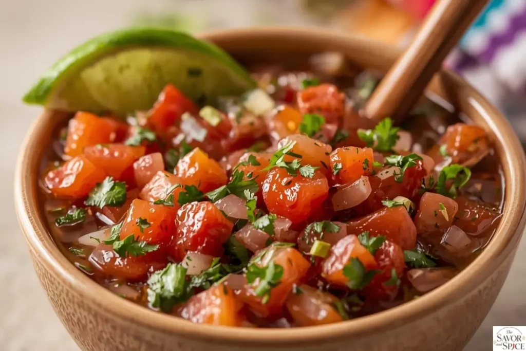 Close-up of fresh Pico de Gallo recipe with tomatoes, cilantro, onions, and lime wedge, showing bright colors and fresh texture.