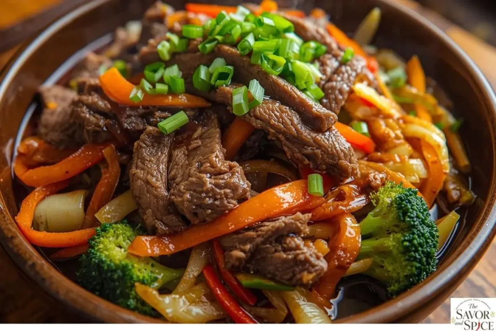 Chinese Beef Chop Suey with colorful stir-fried vegetables and tender chicken in a savory sauce, served hot in a white bowl.