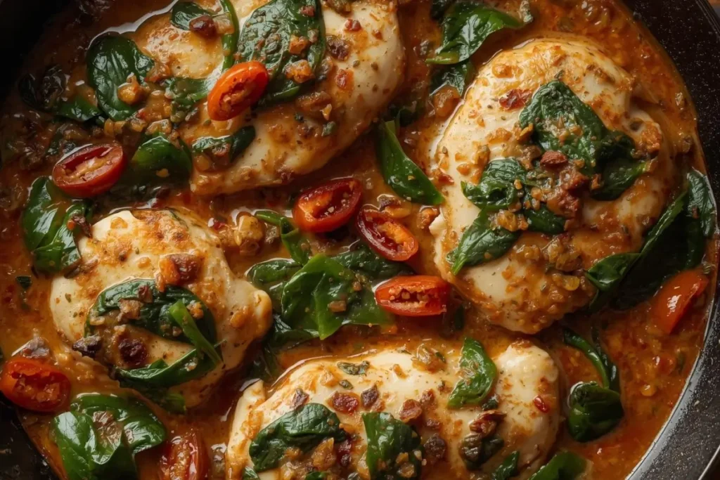 Close-up of creamy Tuscan Chicken recipe with spinach and sun-dried tomatoes on a plate.