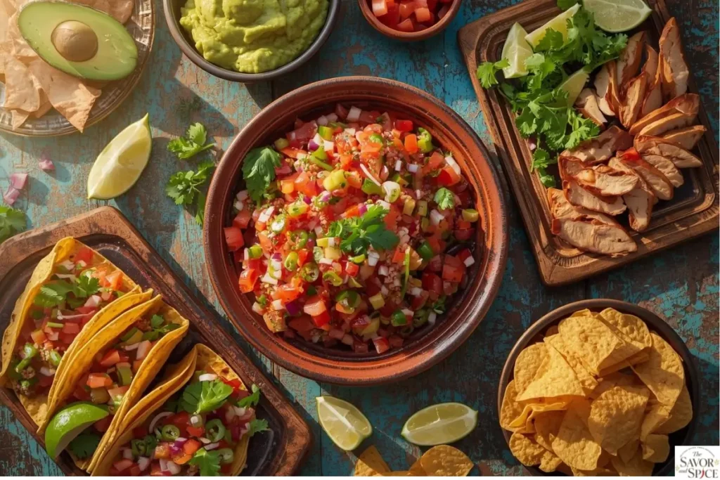 Fresh Pico de Gallo served in a bowl, shown from different angles and presentations on a rustic table, surrounded by tacos, grilled chicken, tortilla chips, guacamole, and lime wedges, highlighting vibrant colors and textures of a Mexican meal.