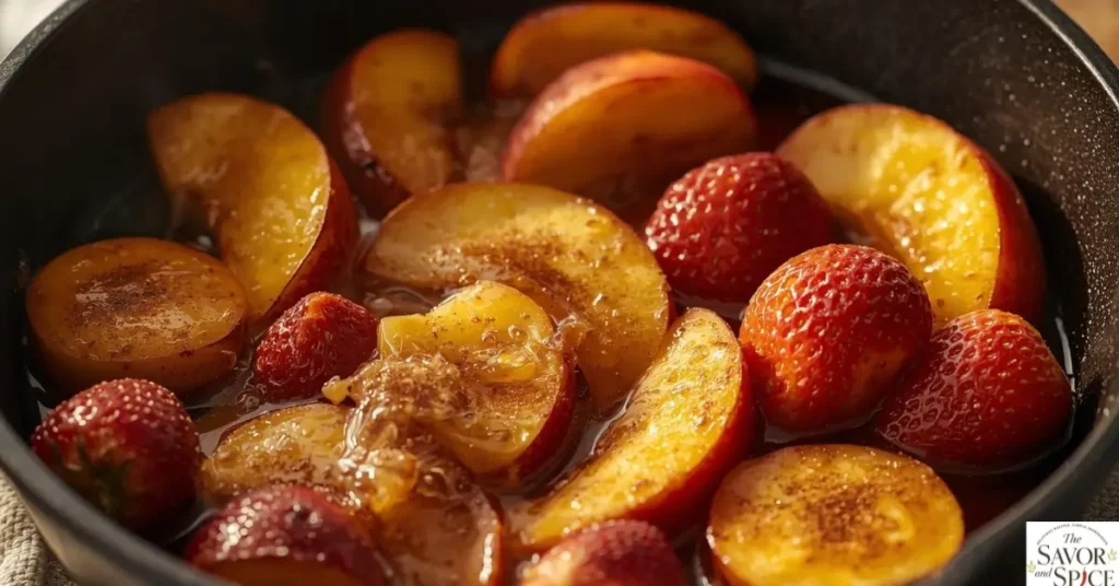 Sliced bananas, peaches, and strawberries being caramelized in butter with cinnamon in a pan.