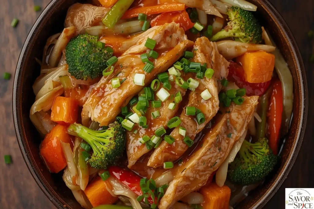 Homemade Chicken Chop Suey with colorful stir-fried vegetables and tender chicken in a savory sauce, served hot in a white bowl.