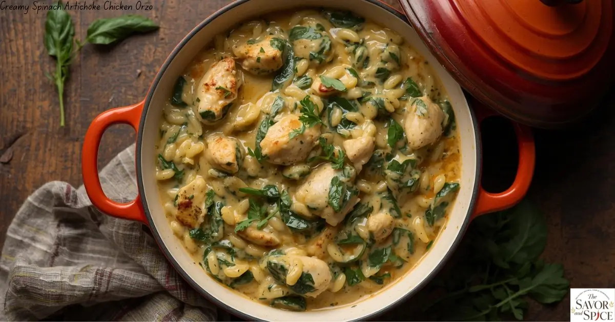 Creamy spinach artichoke chicken orzo cooking in a pot with melty cheese and tender chicken pieces.