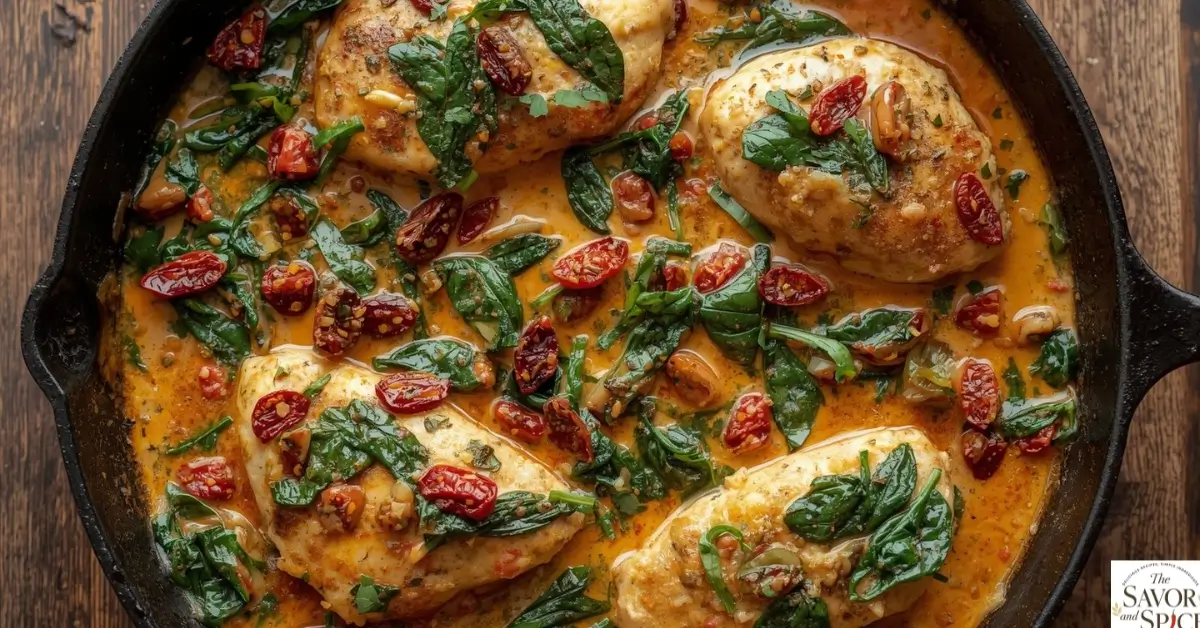 Creamy Tuscan Chicken Recipe cooked in a skillet with spinach and sun-dried tomatoes.