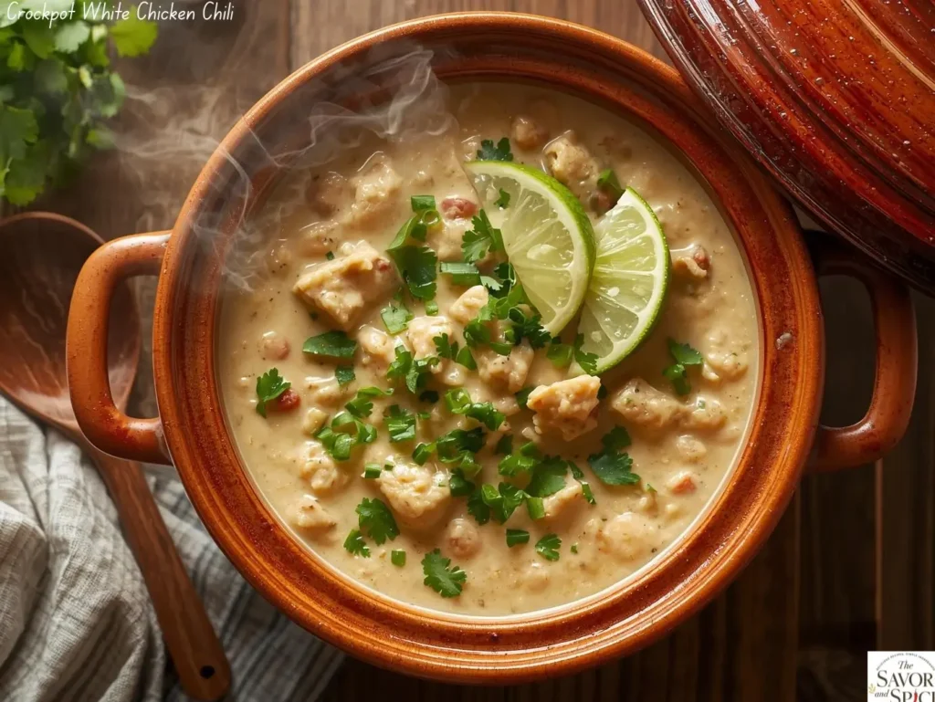 white chicken chili Crockpot recipe simmering until creamy and tender, topped with fresh herbs and ready to serve.