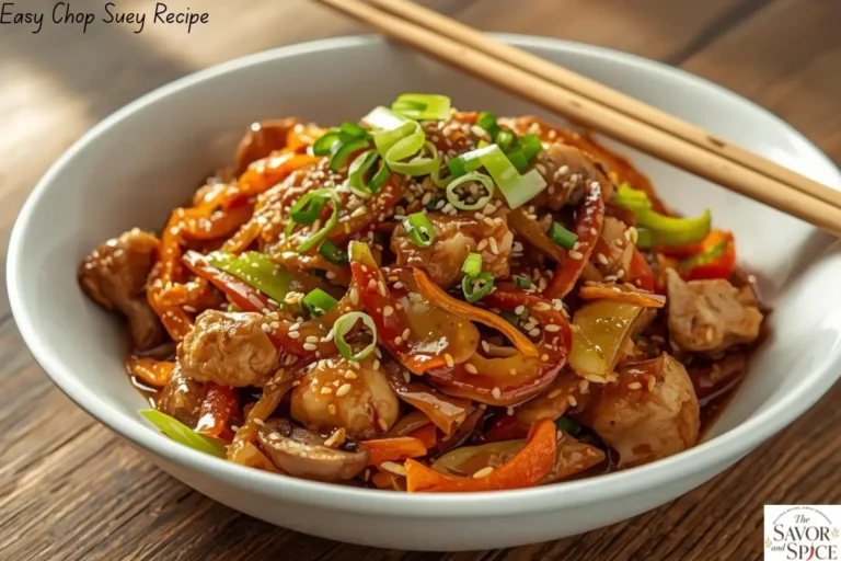 Colorful Easy Chop Suey with mixed vegetables and tender chicken in a savory sauce served in a white bowl.