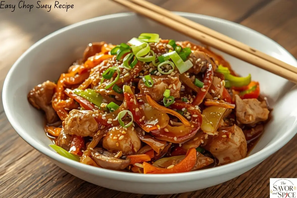 Colorful Easy Chop Suey with mixed vegetables and tender chicken in a savory sauce served in a white bowl.