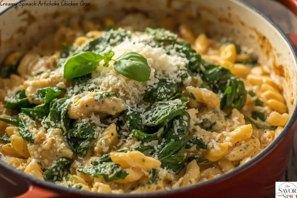 Easy Creamy spinach artichoke chicken orzo cooking in a pot with melty cheese and tender chicken pieces.