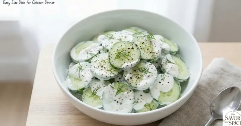 Fresh cucumber-yogurt side dish in a white bowl, garnished with black pepper and fresh herbs, perfect easy side dish chicken dinner.