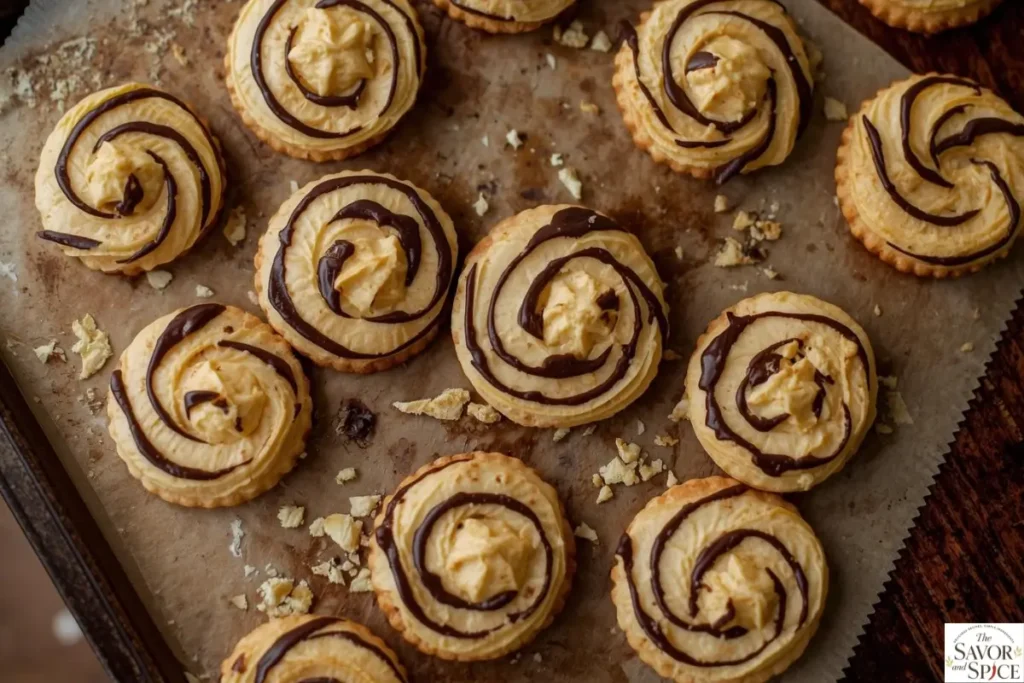 Homemade French butter cookies stacked randomly, showing tender centers and piped swirls.
