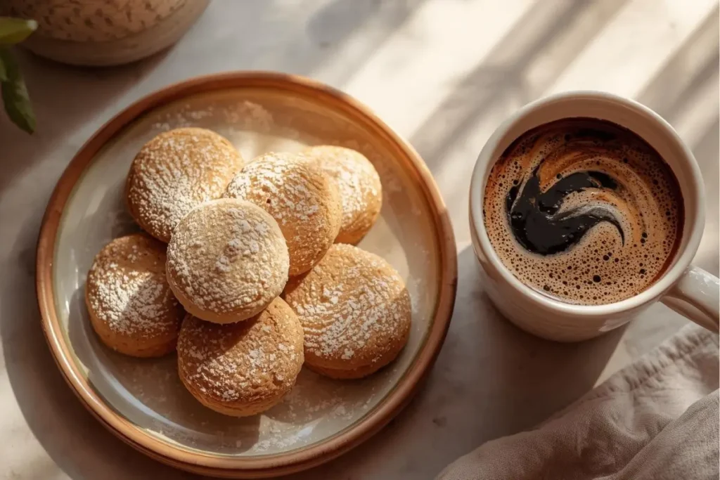 French butter cookies served on a plate alongside a cup of coffee.