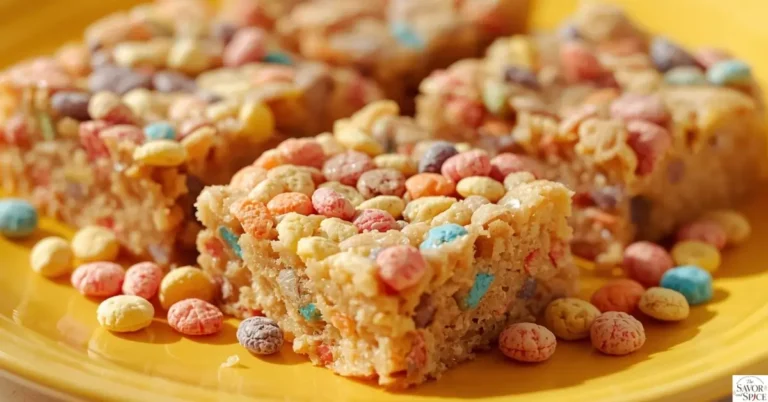 Colorful Fruity Pebbles Cereal Bars stacked on a plate with scattered cereal, ready to serve.