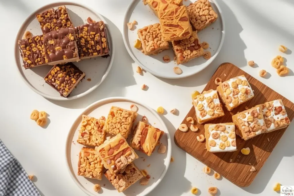 Four variations of Fruity Pebbles Cereal Bars on plates, including chocolate-drizzled, peanut butter swirled, and extra marshmallow topped bars, with scattered cereal around.