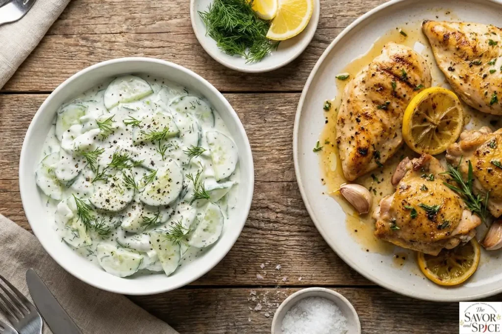 Cucumber-yogurt side dish served in a white bowl alongside golden grilled chicken and one pan lemon chicken, garnished with fresh dill and a lemon wedge, on a rustic wooden dinner table, healthy and colorful meal.