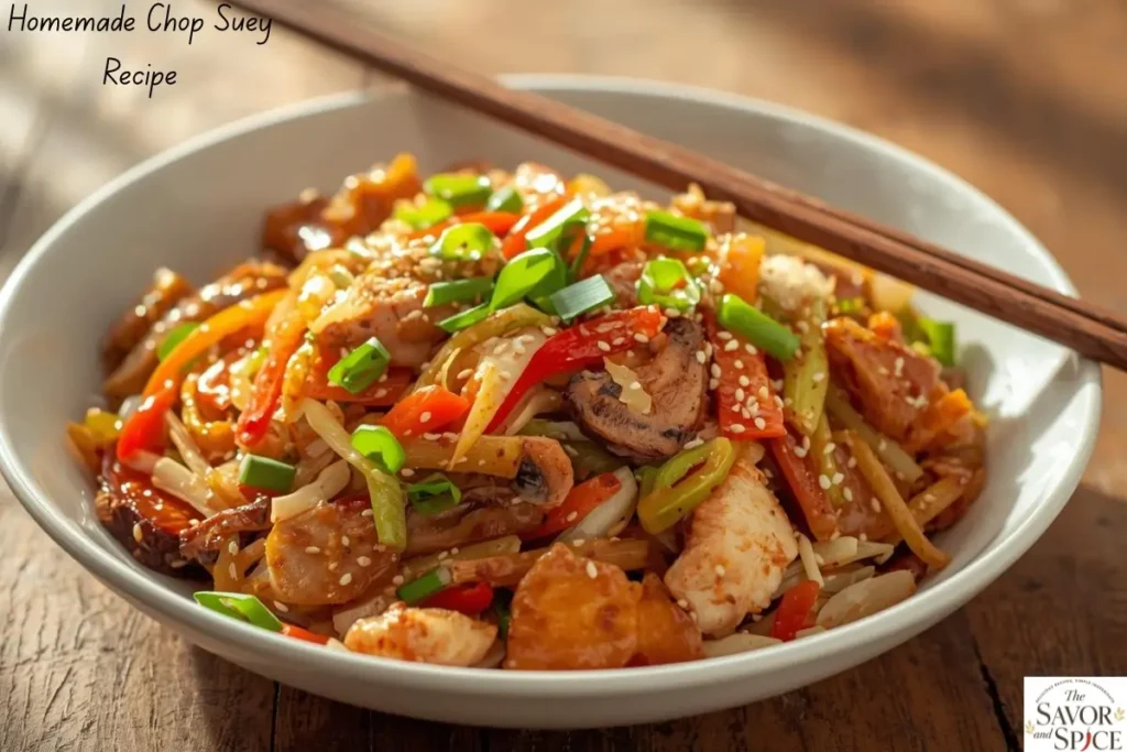 Homemade Easy Chop Suey recipe with colorful stir-fried vegetables and tender chicken in a savory sauce, served in a white bowl.