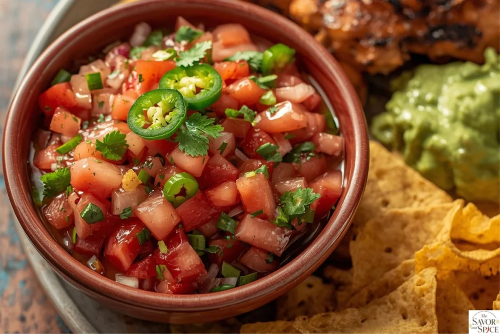 Fresh Pico de Gallo in a bowl on a rustic wooden table, surrounded by tacos, grilled chicken, tortilla chips, guacamole, and lime wedges, showcasing a vibrant and colorful Mexican meal.