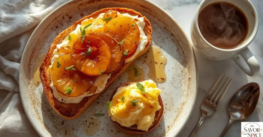 Honey ricotta toast with caramelized fruit and honey drizzle, served with scrambled eggs and a cup of coffee on a rustic plate.