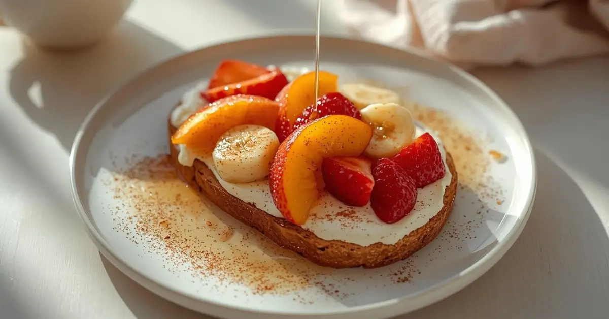 Honey ricotta toast topped with caramelized fruit and honey drizzle on a rustic plate, styled for breakfast or brunch.