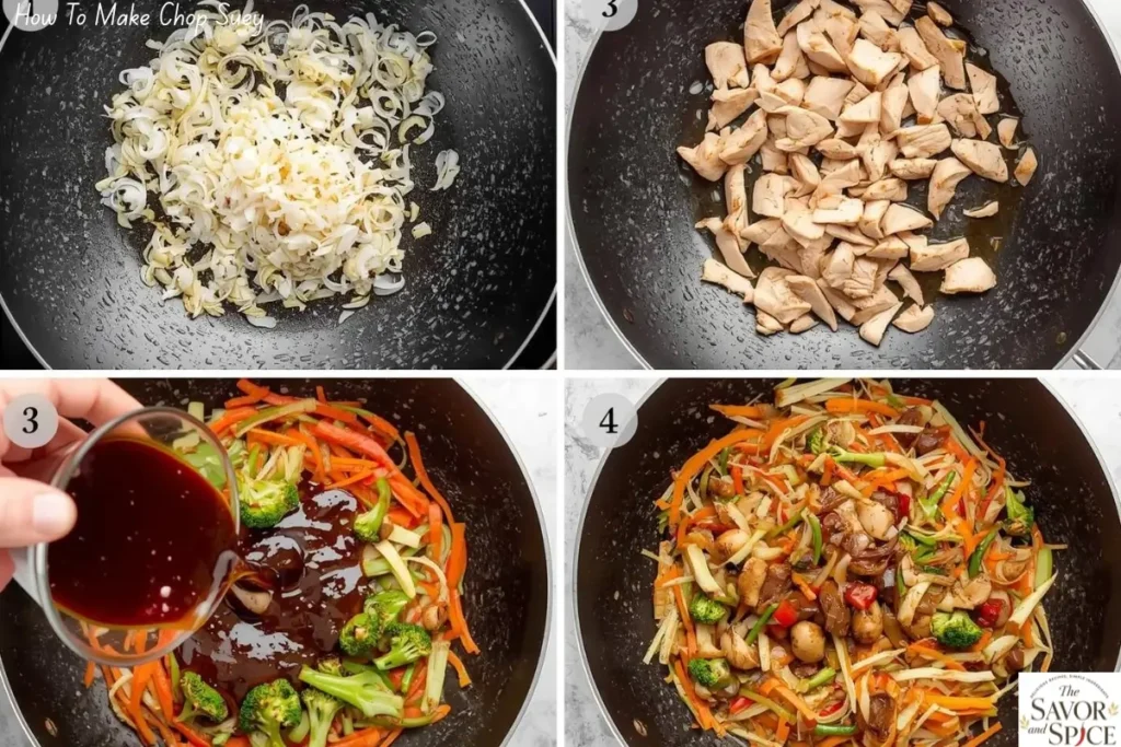 Step-by-step collage showing how to make homemade Chop Suey: sautéing garlic and onions, cooking chicken, stir-frying vegetables, and adding savory sauce.