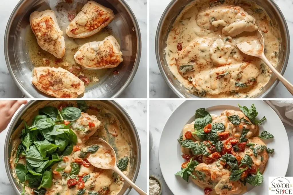 Step-by-step preparation of Creamy Tuscan Chicken showing sautéed chicken, creamy sauce, spinach, sun-dried tomatoes, and plated dish.