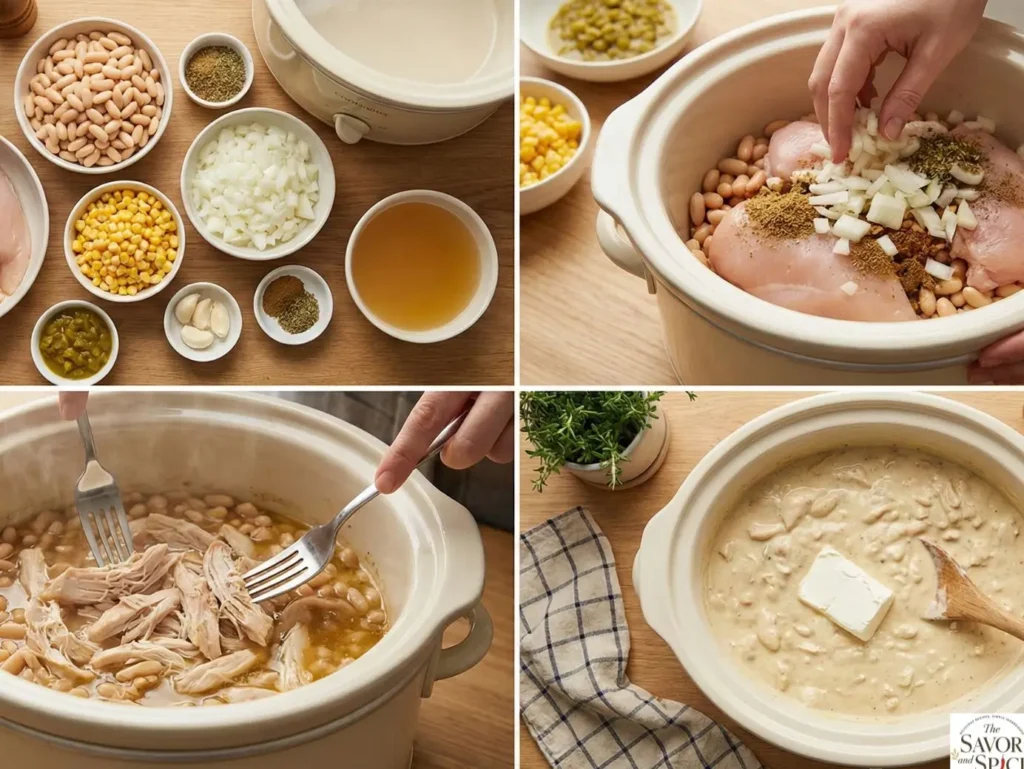 Step-by-step collage showing gathering ingredients, layering flavors in the crockpot, shredding chicken, and adding cream to white chicken chili.