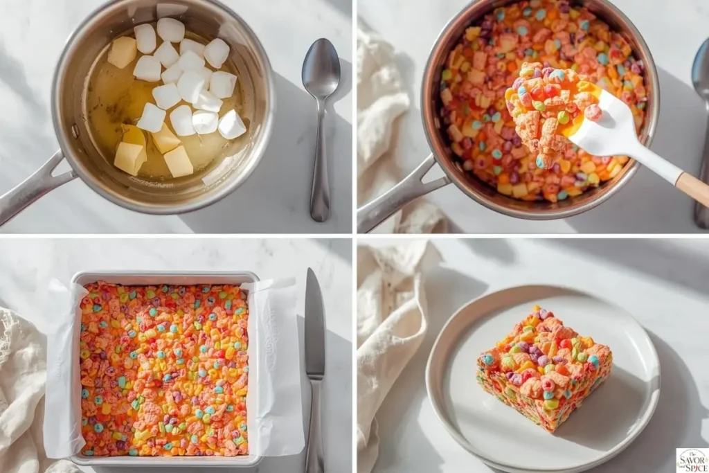 Step-by-step process of making Fruity Pebbles Cereal Bars, showing melting marshmallows and butter, mixing in Fruity Pebbles, pressing into a pan, and cutting into squares.