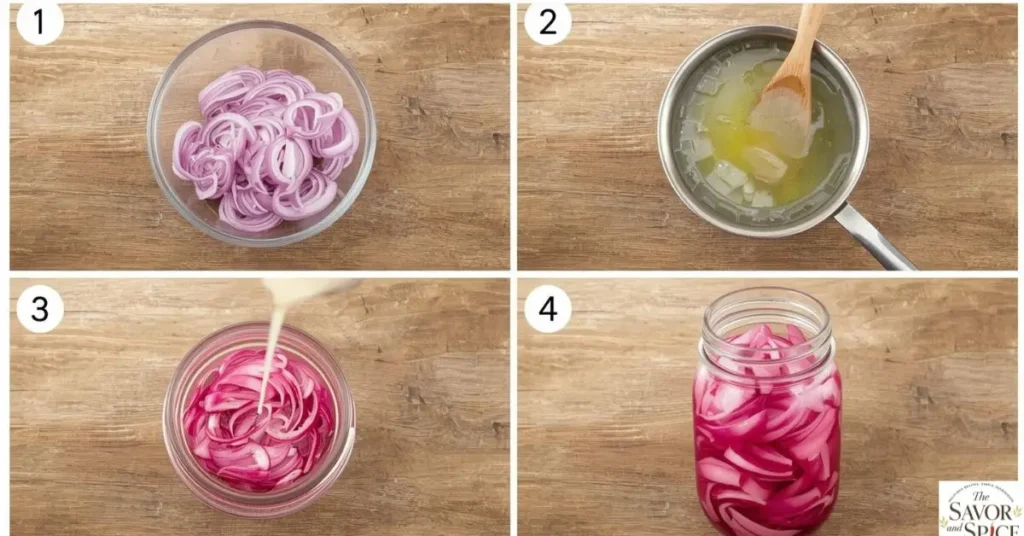 Step-by-step collage showing how to make pickled red onions: thinly sliced onions in a bowl, heating vinegar and sugar brine, pouring brine over onions in a jar, and finished pickled red onions ready to serve.