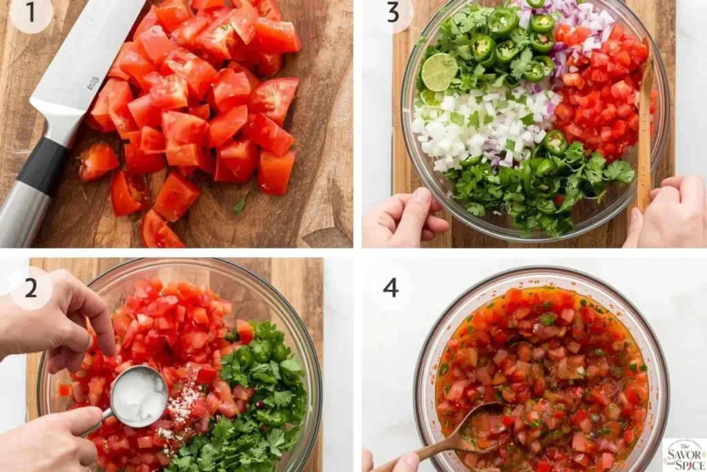 Step-by-step collage showing how to make fresh Pico de Gallo: dicing tomatoes, chopping onion and cilantro, combining ingredients, adding lime and salt, and the finished salsa.