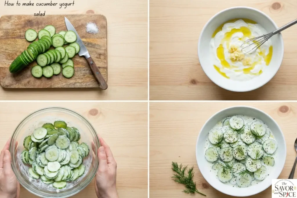 Collage showing the preparation of a cucumber-yogurt easy side dish for chicken dinner: sliced cucumbers, yogurt mixed with garlic and olive oil, cucumbers being tossed in the dressing, and the finished salad garnished with fresh herbs and black pepper.