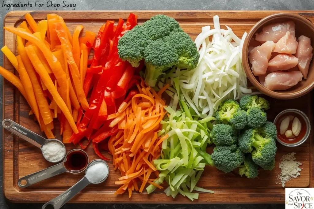 Fresh ingredients for Easy Chop Suey Recipe on a cutting board, including carrots, bell peppers, cabbage, broccoli, onions, garlic, and chicken with soy sauce, oyster sauce, and cornstarch.