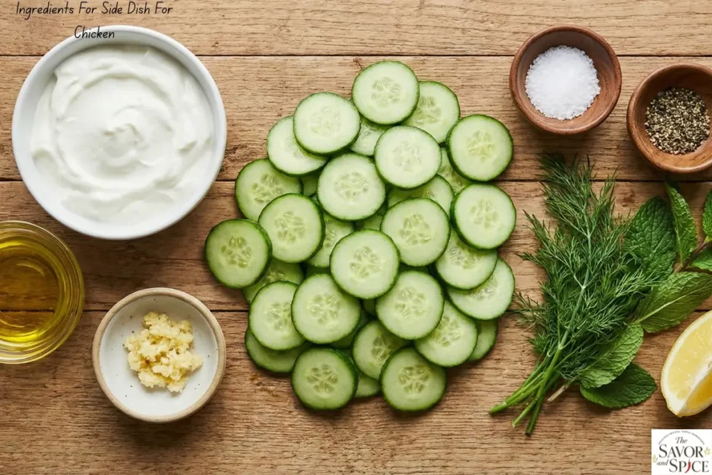 Ingredients for an easy side dish for chicken dinner: thinly sliced cucumbers, creamy Greek yogurt, olive oil, grated garlic, fresh dill and mint leaves, black pepper, salt, and a lemon wedge, neatly arranged on a wooden surface.