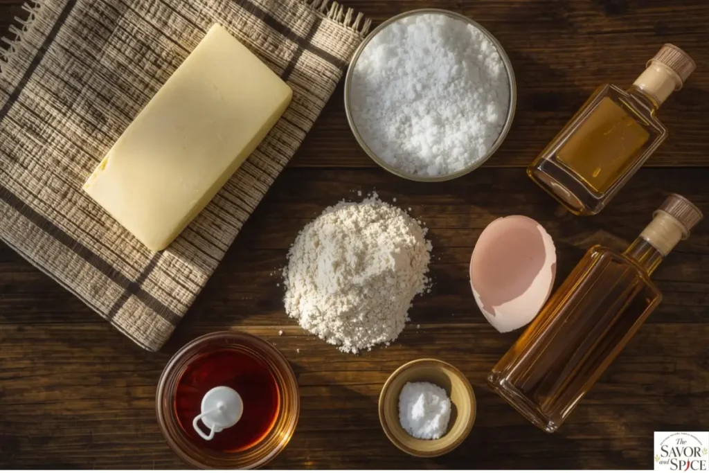 Ingredients for French butter cookies laid out on a rustic wooden countertop.